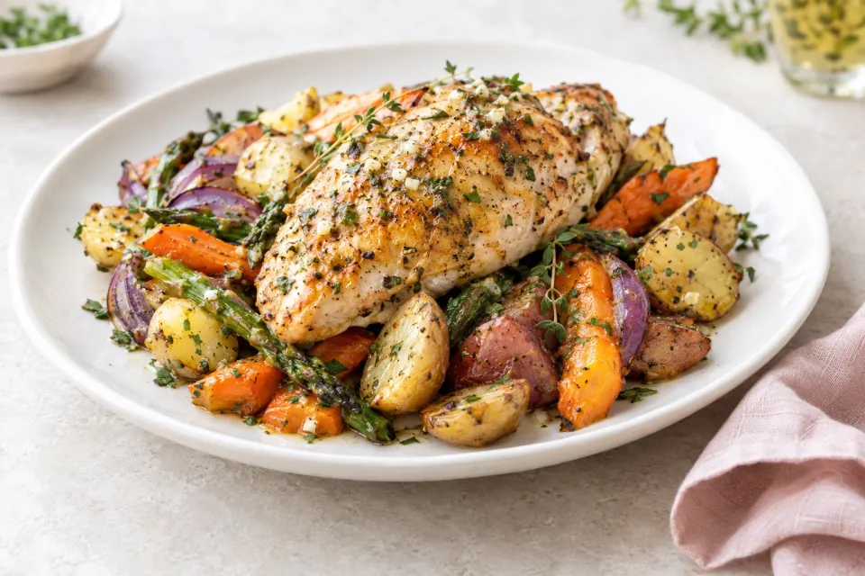Roasted Chicken and Veggies with Garlic Herb Vinaigrette