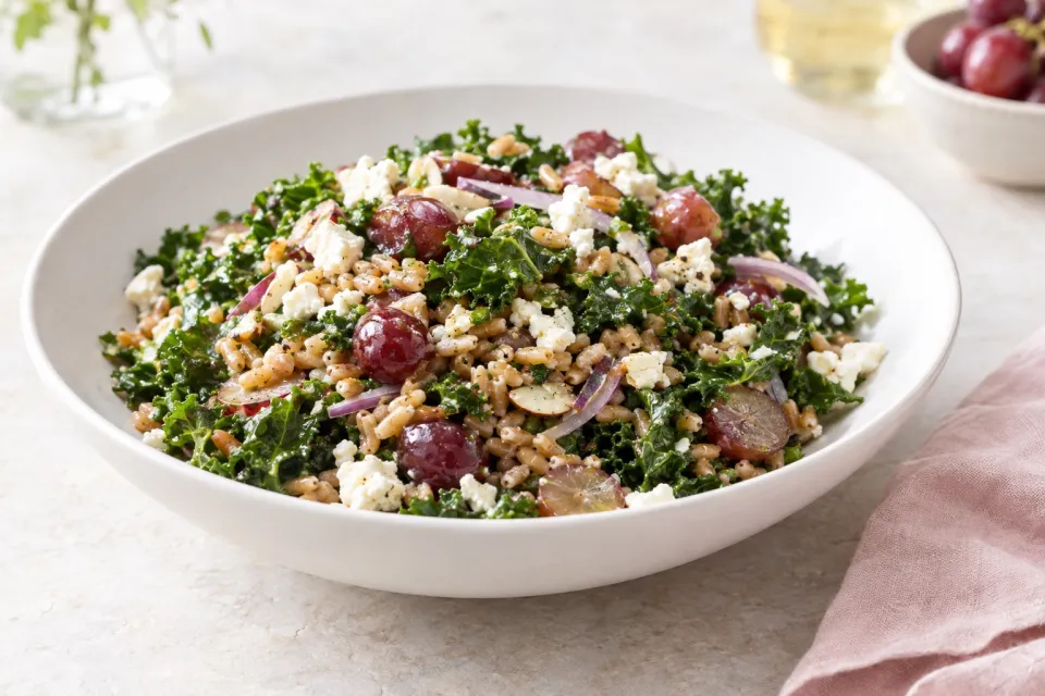 Farro and Kale Salad with Grapes Feta and White Wine Vinaigrette