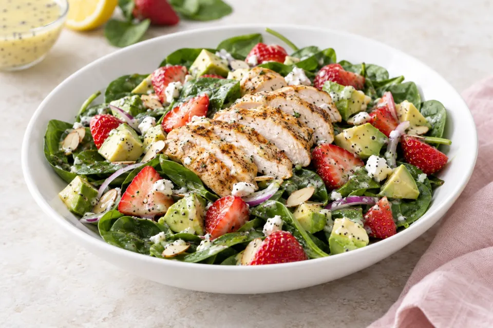 Strawberry Avocado Spinach Salad with Grilled Chicken and Lemon Poppy Seed Dressing