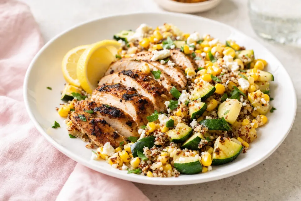 Zucchini Corn and Quinoa Bowls with Grilled Chicken and Lemon