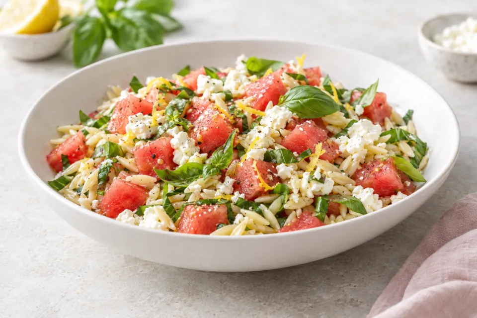 Watermelon Feta Orzo Salad with Lemon and Basil