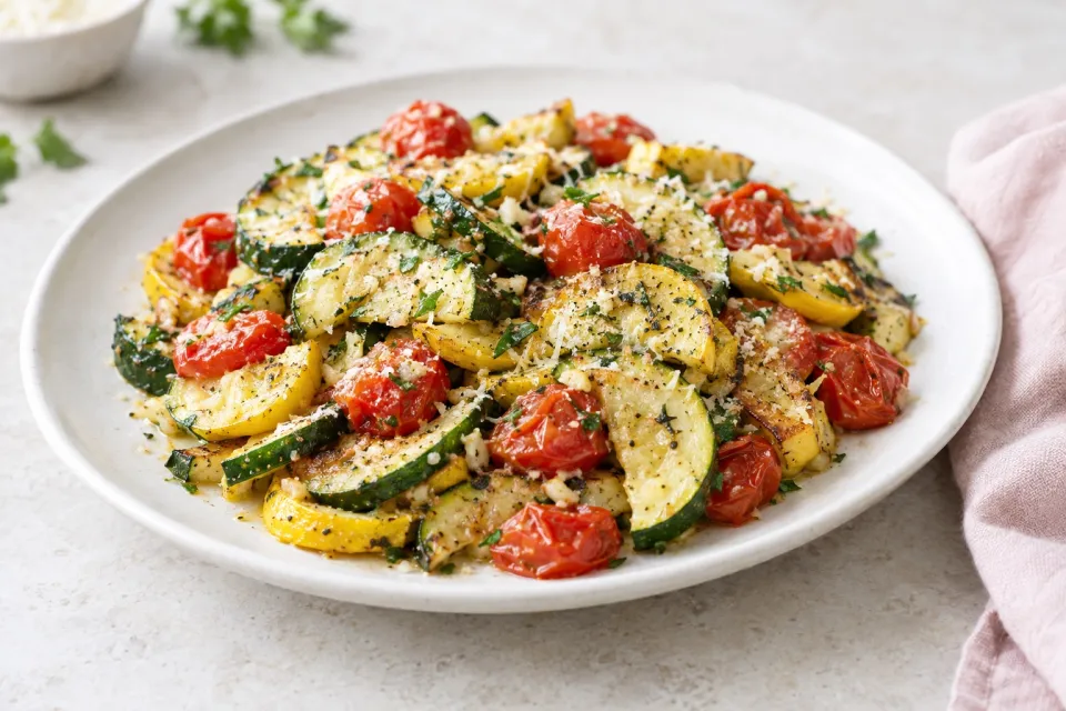 Skillet Garlic-Parmesan Zucchini Squash and Tomatoes