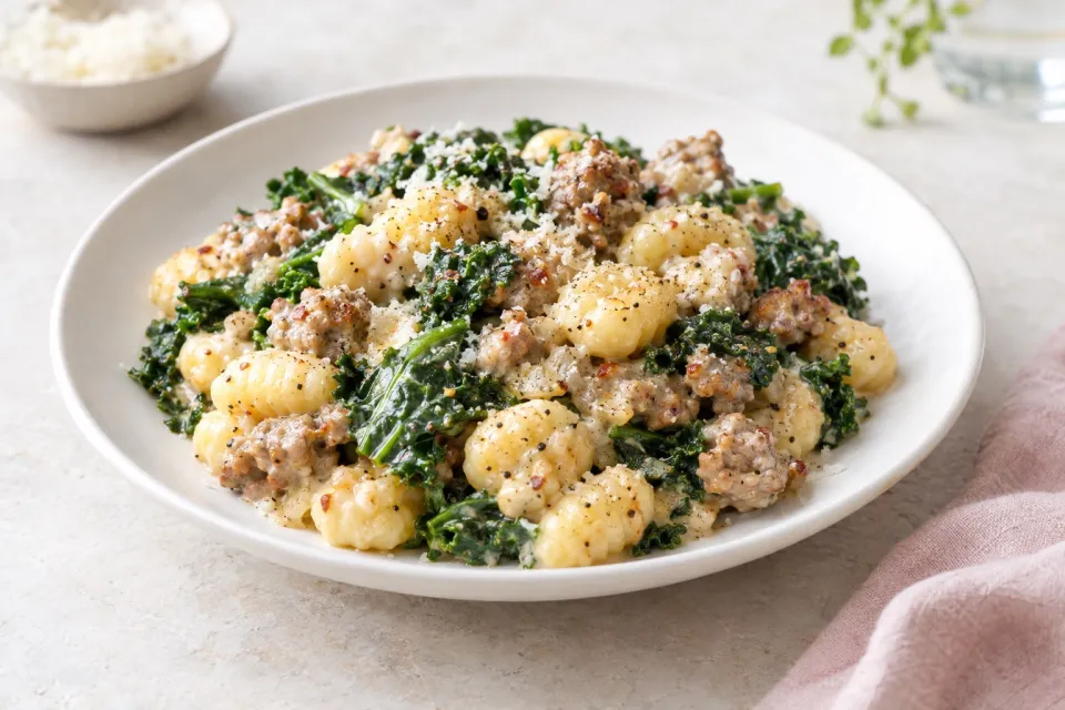 One Pan Creamy Gnocchi with Italian Sausage and Kale
