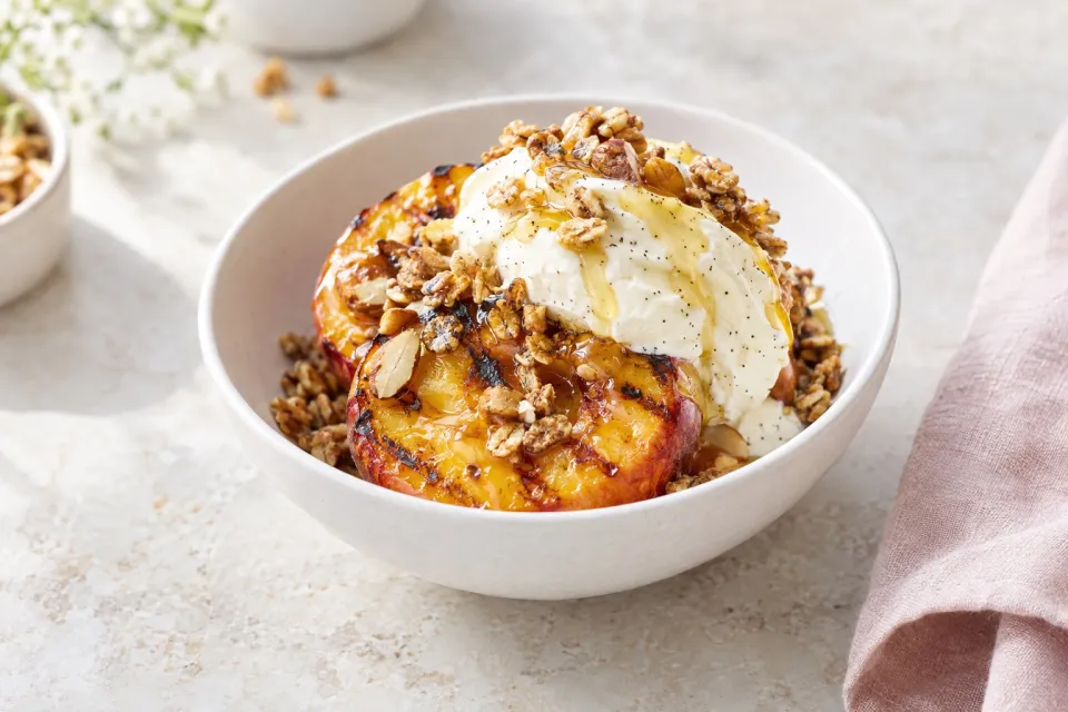 Grilled Peaches with Vanilla Bean Mascarpone, Honey and Granola