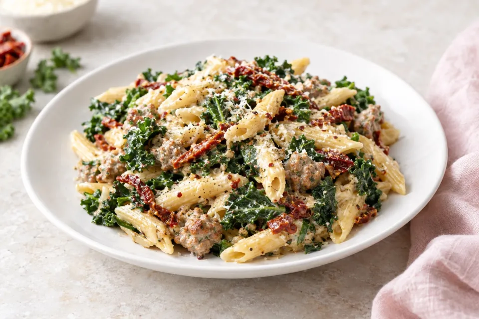 Creamy Kale and Turkey Sausage Pasta with Sun Dried Tomatoes