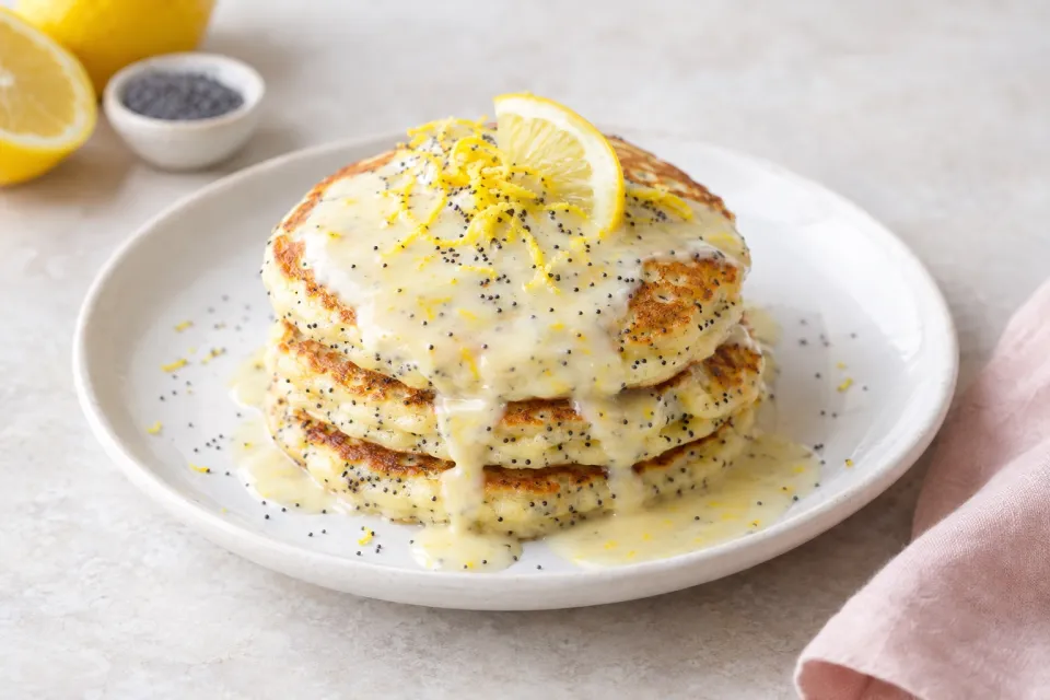 Lemon Poppyseed Pancakes with Lemon Cream Syrup