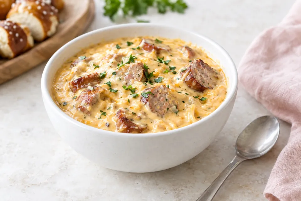 Slow Cooker Brats and Beer Cheese Dip