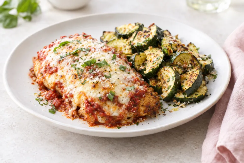 One Pan Chicken Parmesan and Roasted Zucchini