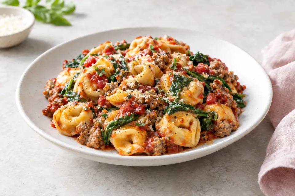 One Pan Turkey Sausage, Spinach and Marinara Tortellini