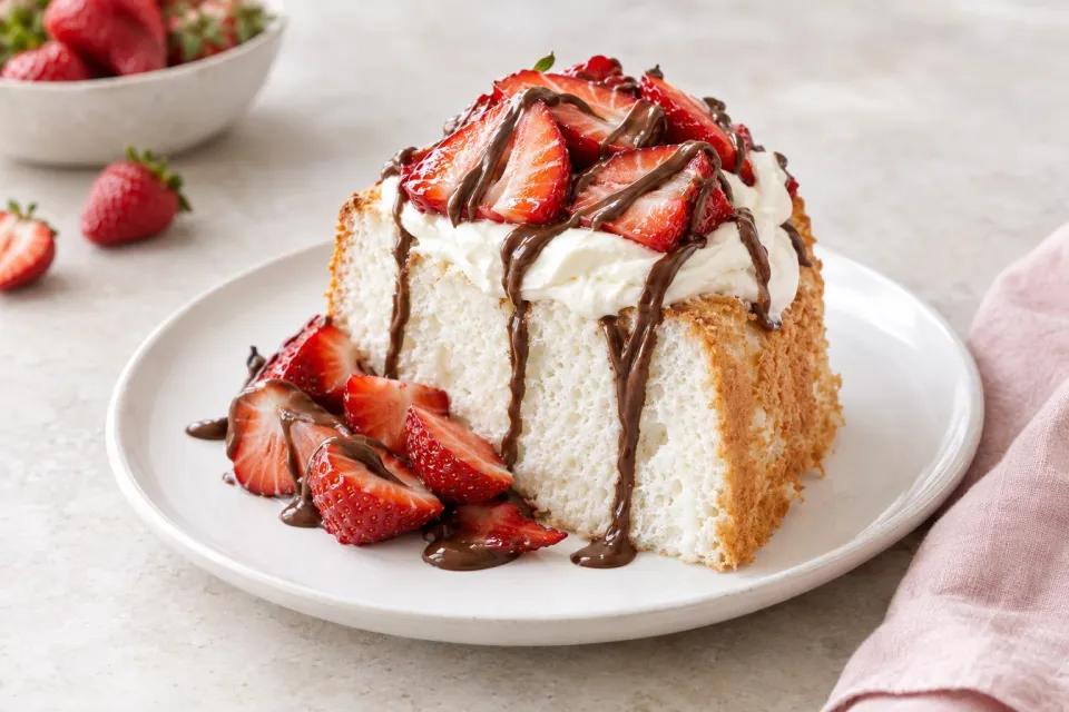 Angel Food Cake with Nutella Drizzle, Fresh Strawberries & Mascarpone Cream