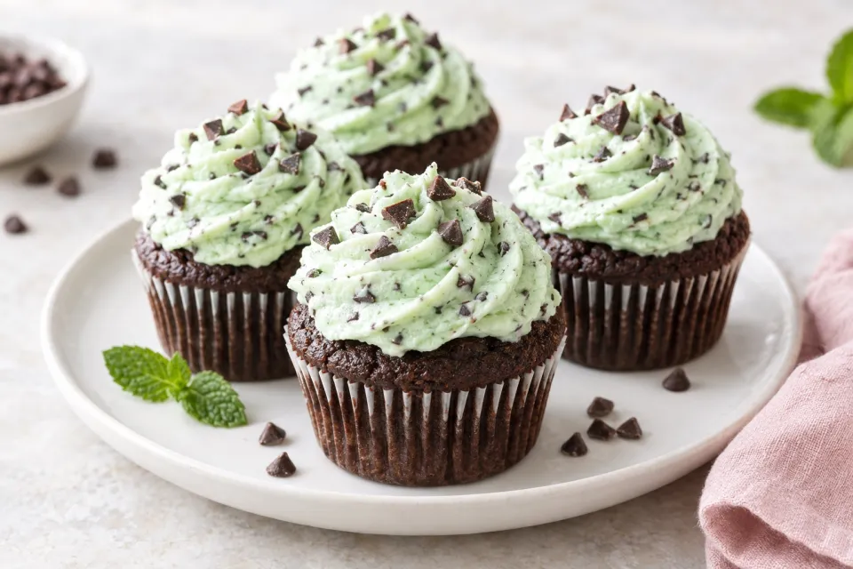 Chocolate Cupcakes with Fluffy Mint Chocolate Chip Buttercream Frosting