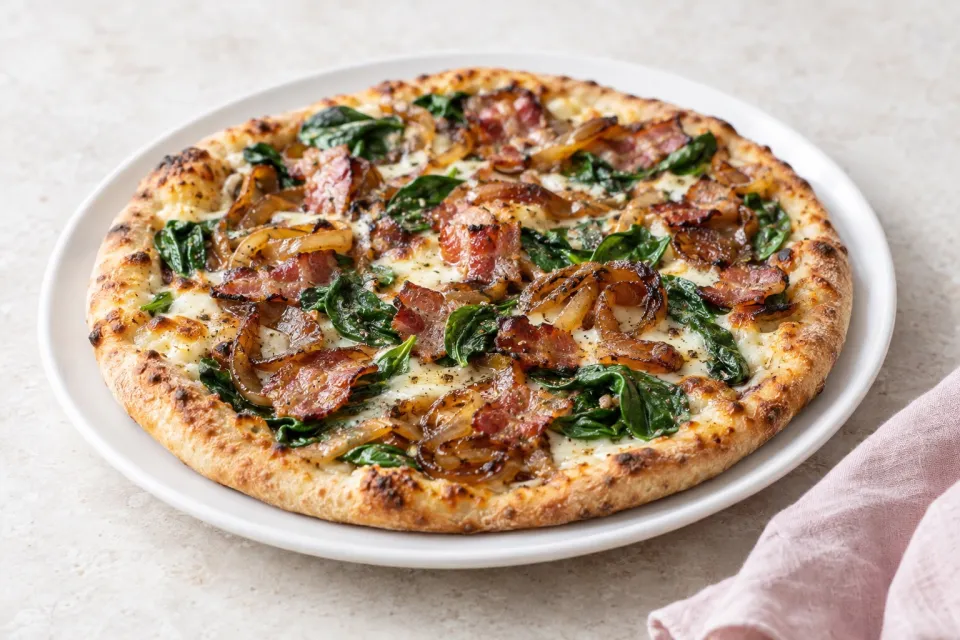 Caramlized Onion, Bacon and Spinach Pizza
