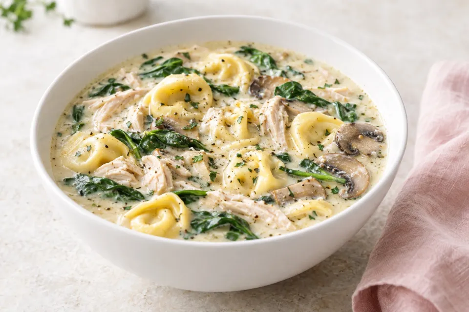 Creamy Chicken, Spinach and Mushroom Tortellini Soup