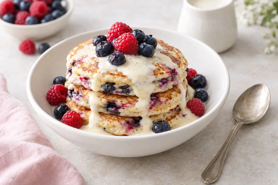 Blueberry Raspberry Buttermilk Pancakes and Vanilla Cream Syrup