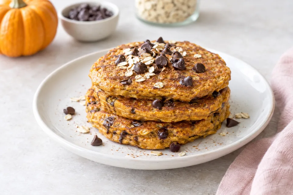 Pumpkin Oat Chocolate Chip Pancakes