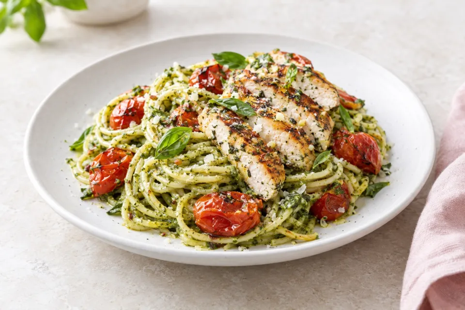 Pesto Spaghetti with Roasted Tomatoes and Grilled Chicken