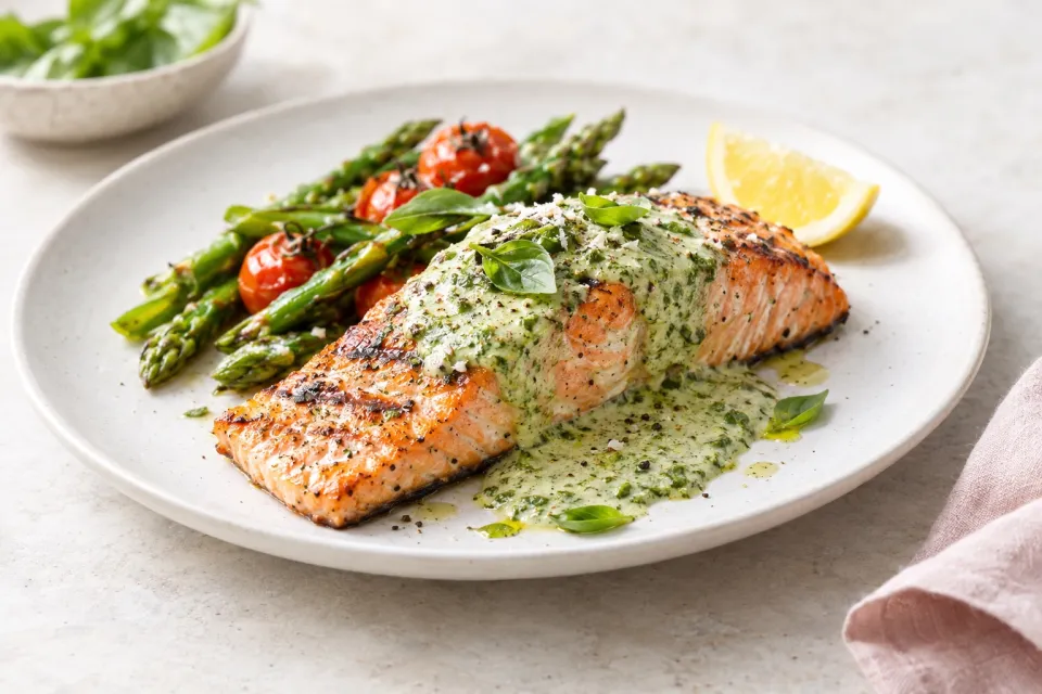 Grilled Salmon with Creamy Pesto Sauce