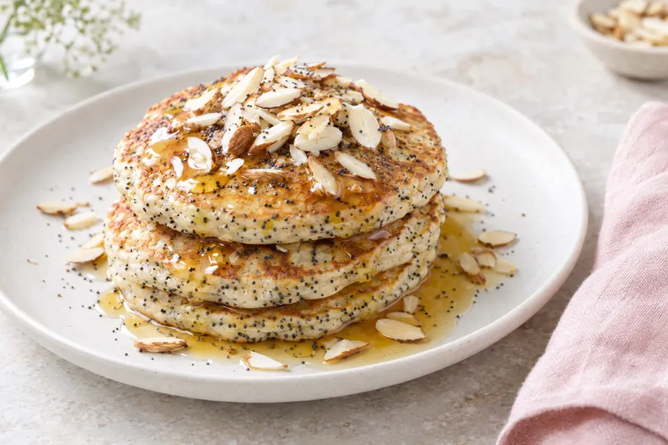 Almond Poppy Seed Pancakes with Almond Syrup