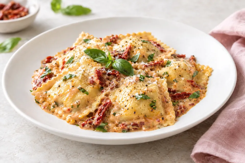Ravioli with Creamy Sun-Dried Tomato and Basil Sauce
