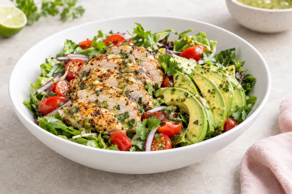 Salad with Grilled Chicken, Avocado & Tomato with Honey-Lime, Cilantro Vinaigrette
