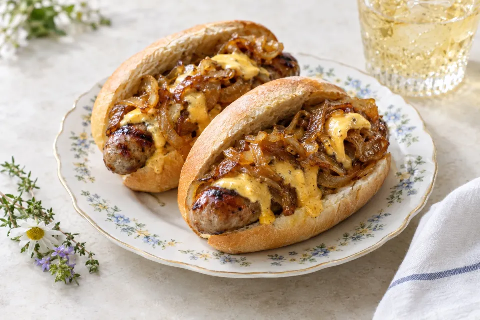 Brats with Caramelized Onions and Cheddar Cheese Sauce