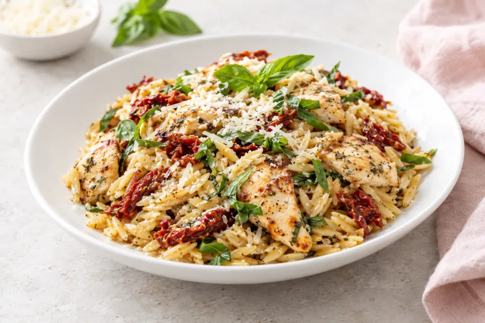 Sun Dried Tomato Basil and Parmesan Orzo with Chicken