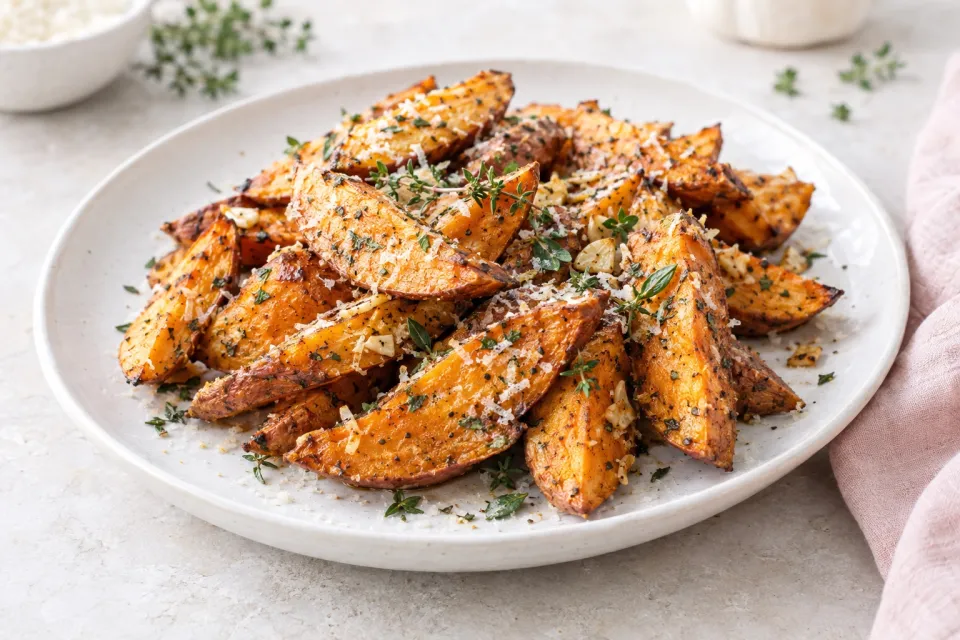 Savory Roasted Sweet Potatoes with Parmesan, Garlic & Herbs
