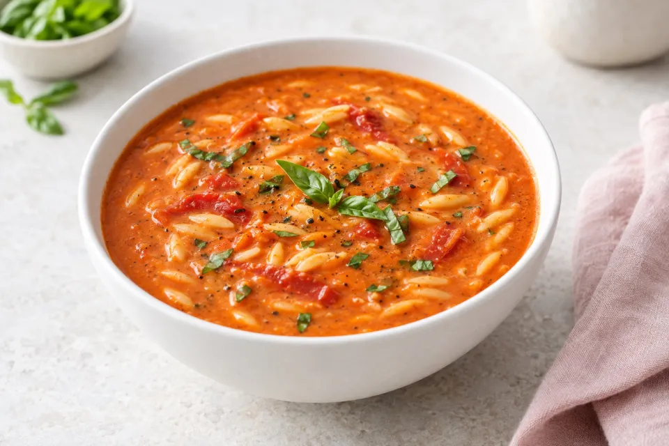 Creamy Roasted Red Pepper Tomato and Orzo Soup