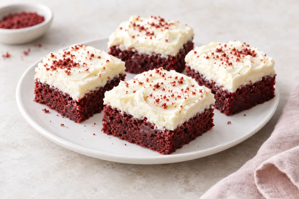 Red Velvet Brownies with Fluffy Cream Cheese Frosting
