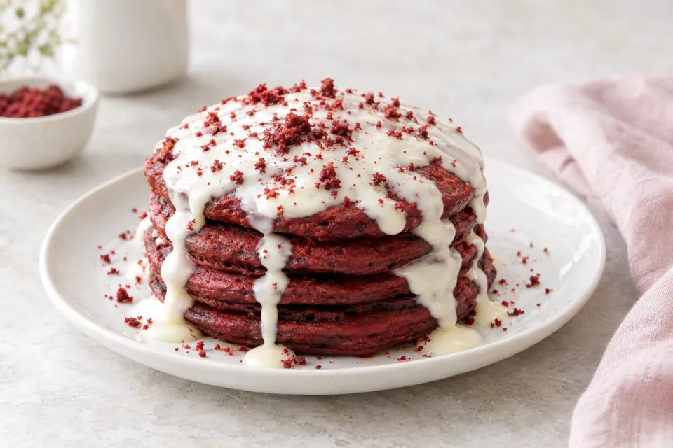 Red Velvet Pancakes with Cream Cheese Glaze