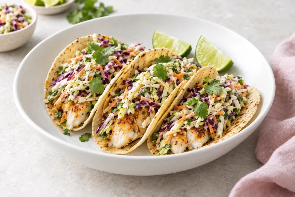 Fish Tacos with Cumin Lime Slaw