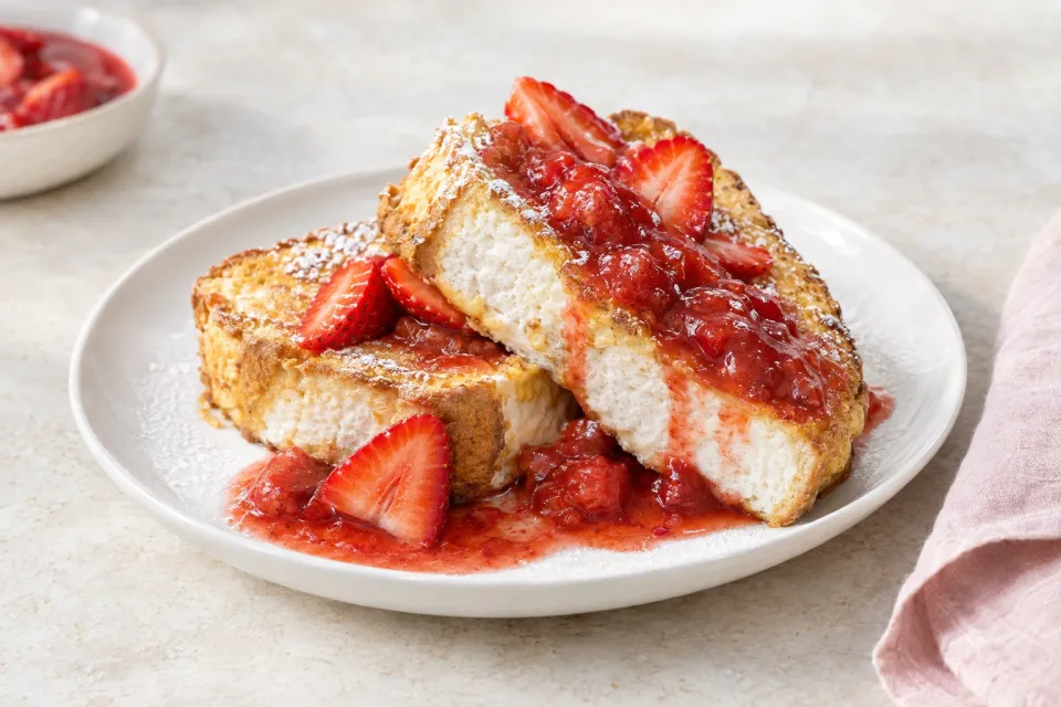 Angel Food Cake French Toast with Fresh Strawberry Syrup