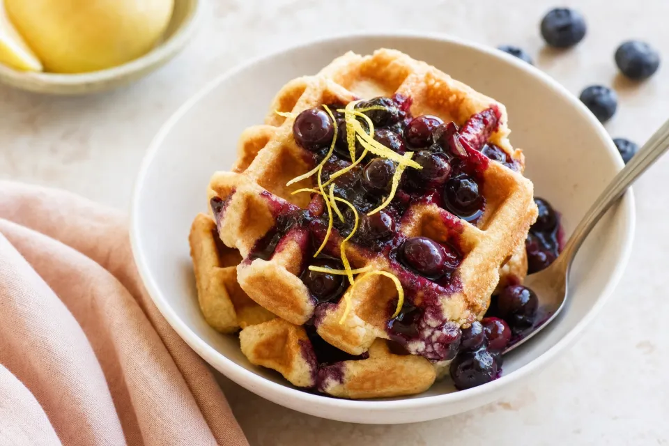 Lemon Belgian Waffles with Blueberry Syrup