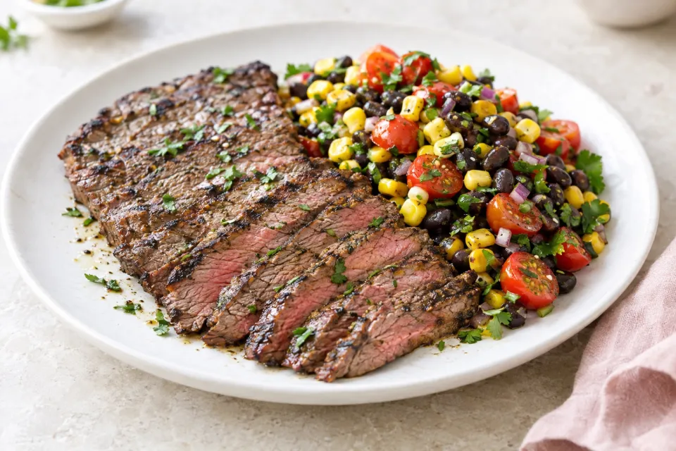 Grilled Flank Steak with Black Beans Corn and Tomatoes