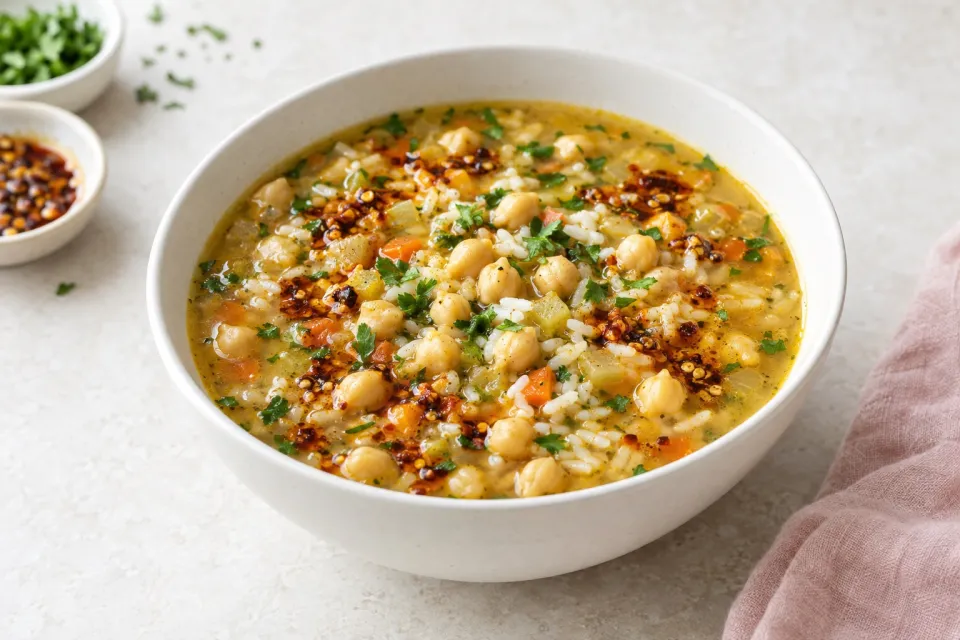 Chickpea & Rice Soup with Garlic Chile Oil