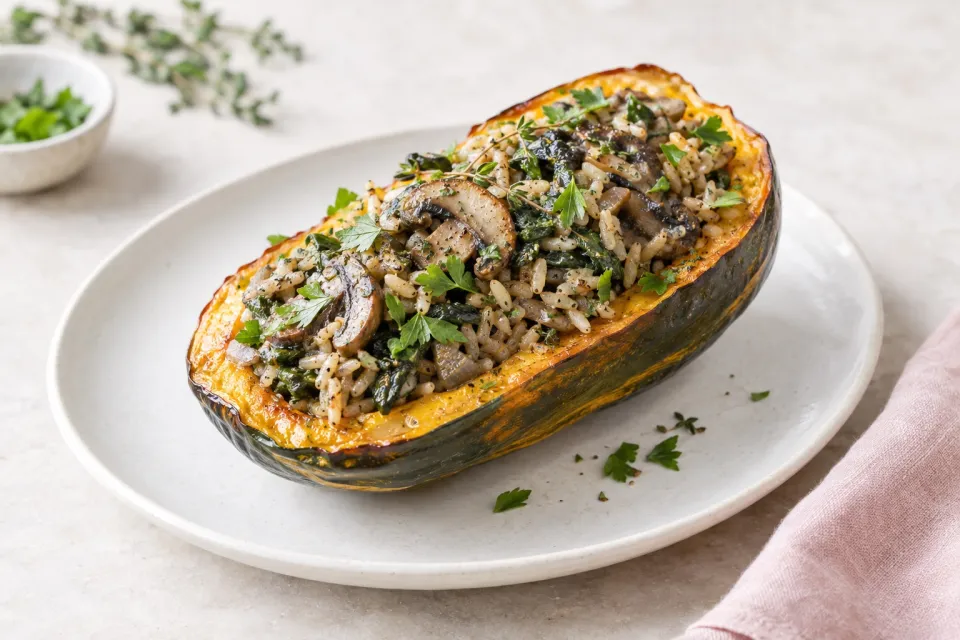 Vegan Stuffed Squash with Brown Rice and Mushrooms
