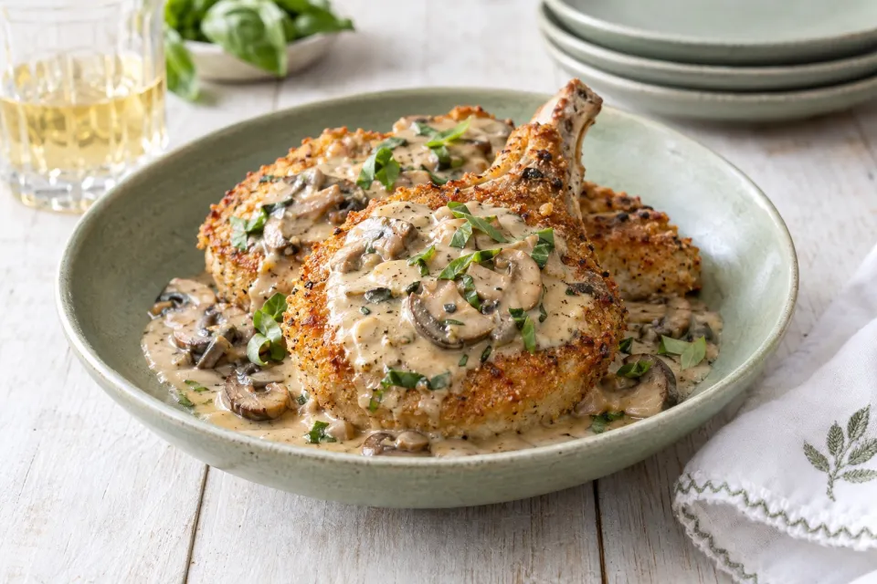 Pork Chops with Mushroom Bourbon Cream Sauce
