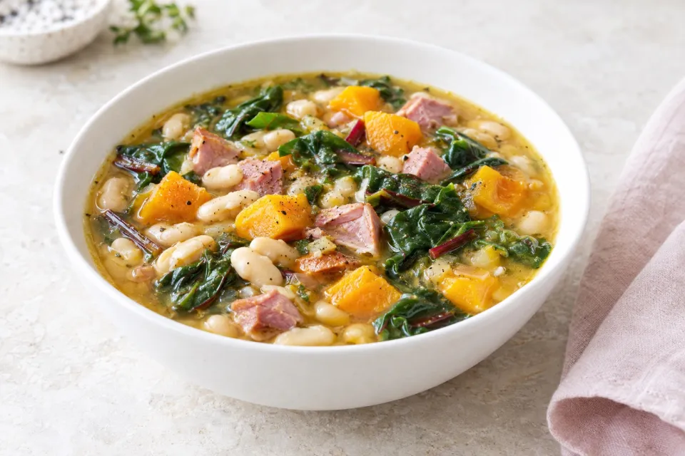 White Bean Soup with Ham, Pumpkin, and Chard