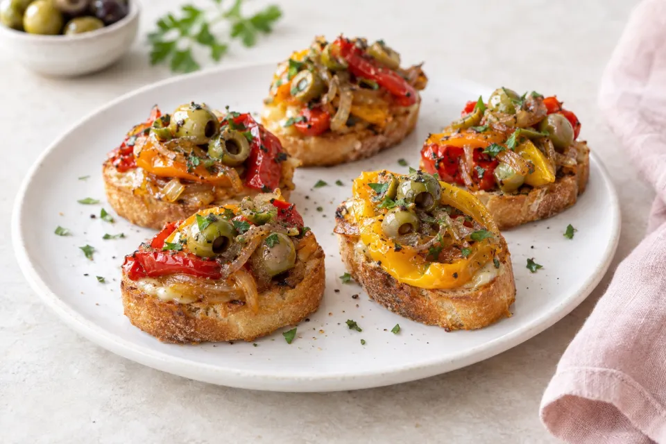 Olive-Stuffed Roasted Mini-Pepper Crostini with Caramelized Onions
