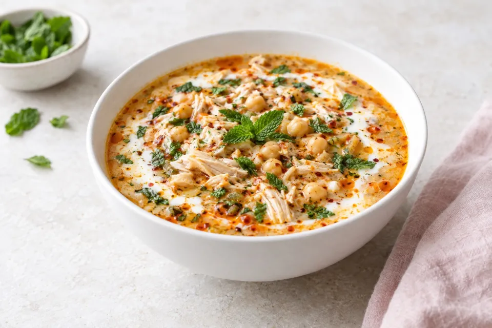 Spicy Turkey Soup with Yogurt, Chickpeas, and Mint