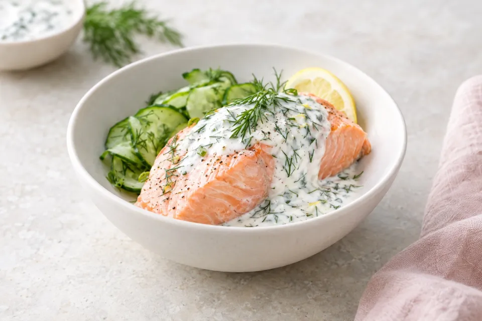 Poached Salmon with Dill-Yogurt Sauce