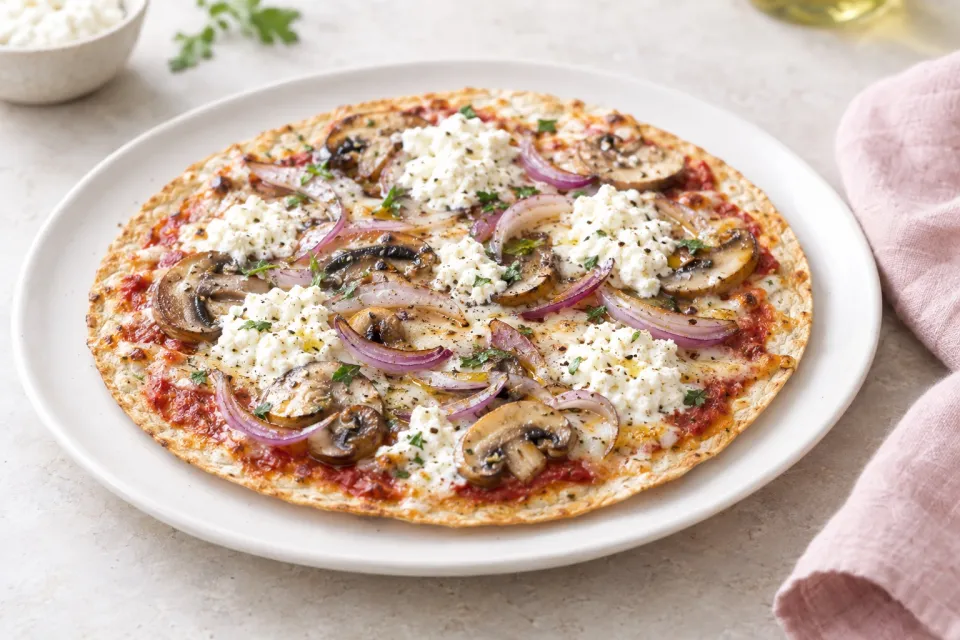 Tortilla Pizza with Onions, Mushrooms, and Ricotta