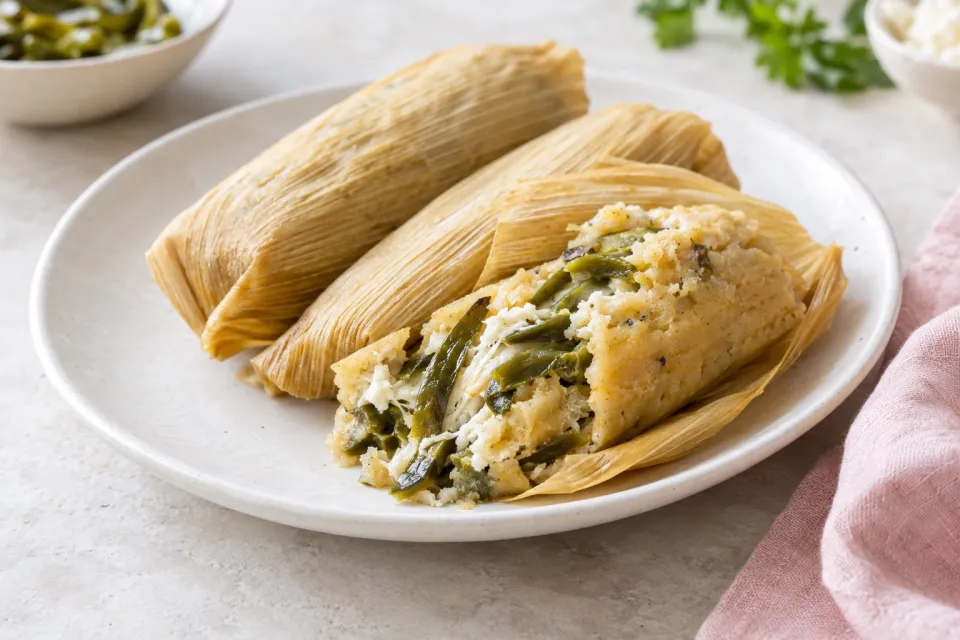 Tamales with Rajas and Oaxacan Cheese