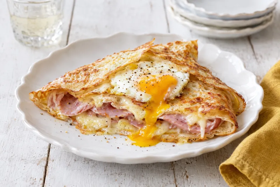 French Crepes with Ham, Cheese, and Eggs