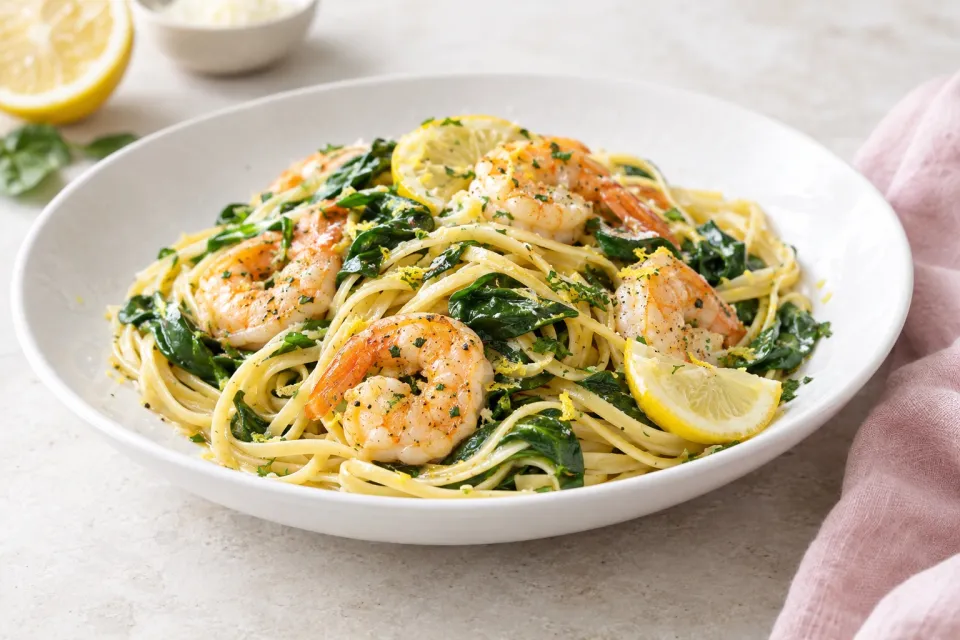 Shrimp, Lemon, Spinach Linguine