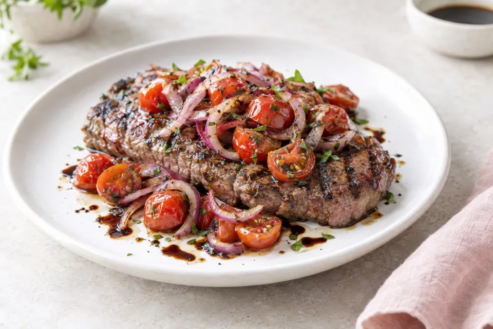 Grilled Steak with Tomatoes, Red Onion and Balsamic