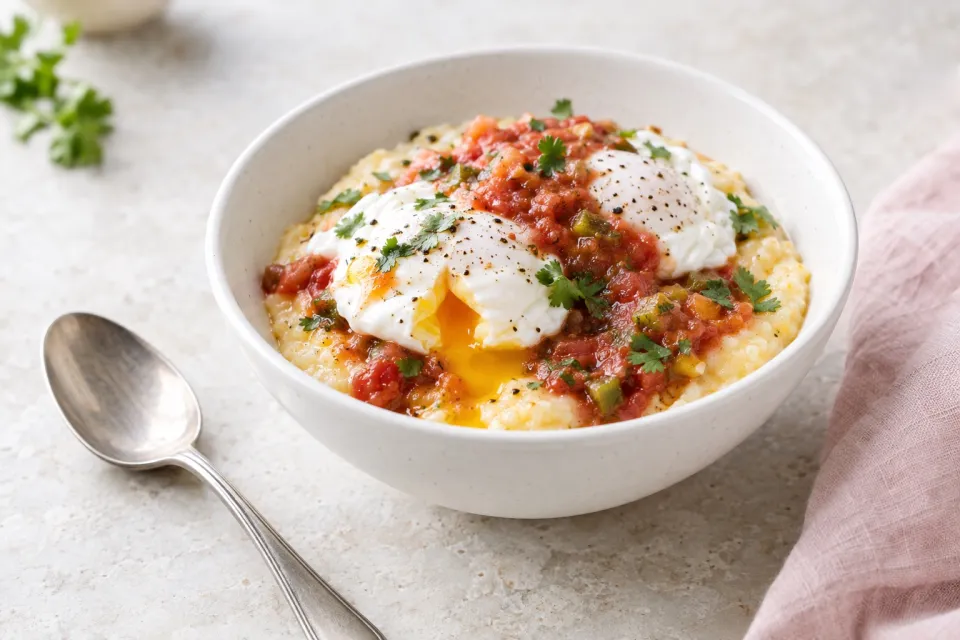 Salsa Poached Eggs & Grits