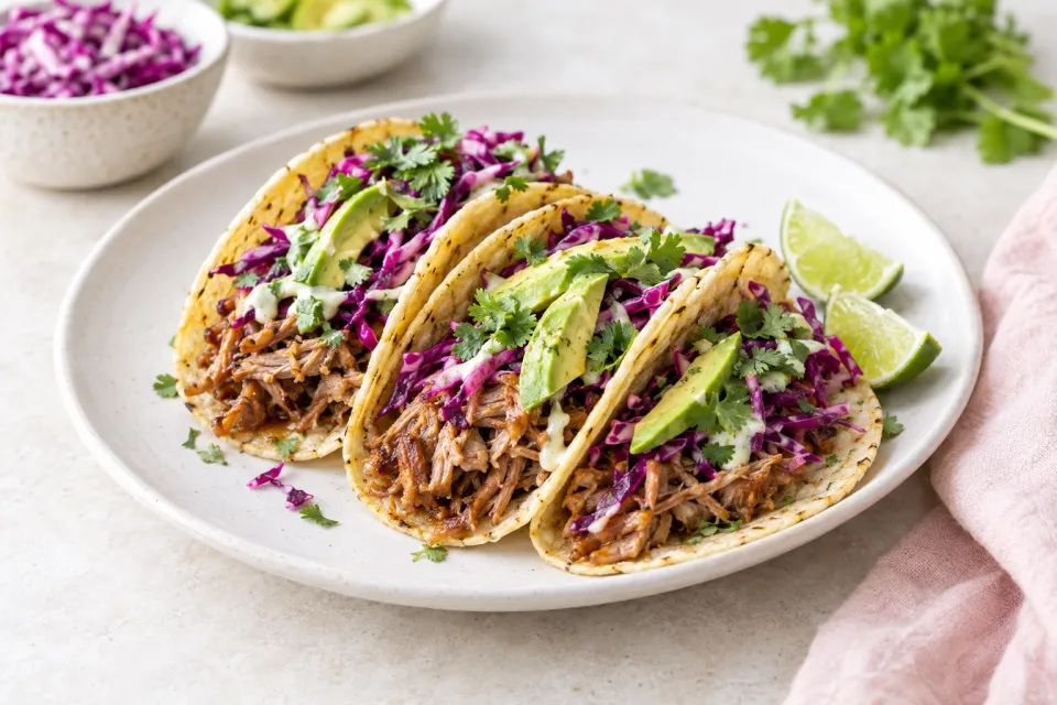 Easy Slow-Cooker Pork Tacos with Red Cabbage Crunch and Avocado