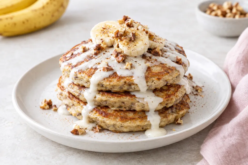 Banana Bread Pancakes with Cream Cheese Glaze