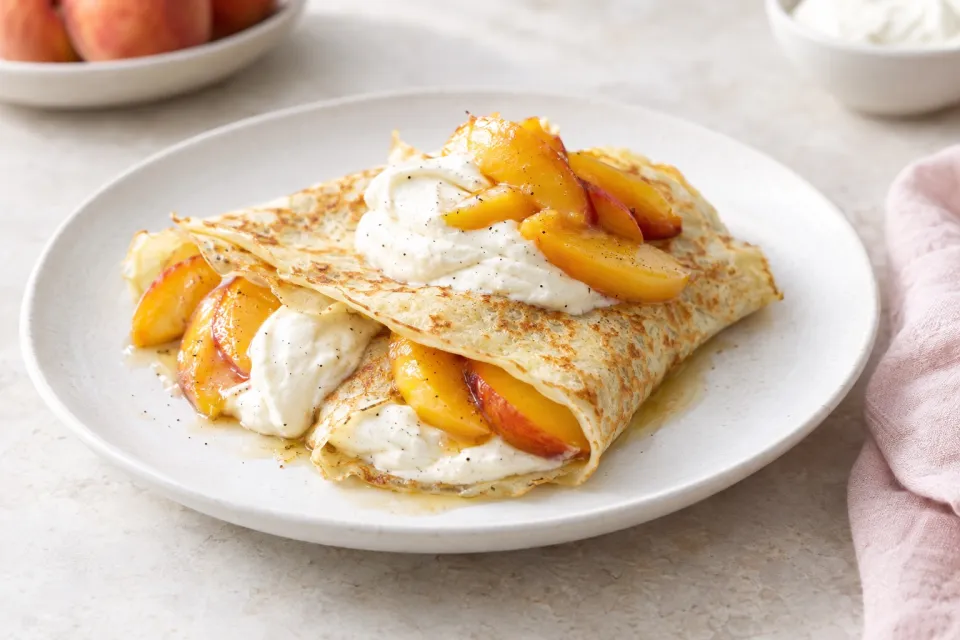 Vanilla Beans Crepes with Peaches and Cream